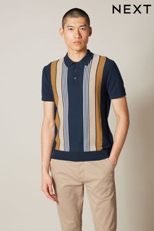 Navy Blue/Camel Brown Knitted Stripe Polo Shirt (C37671) | $65