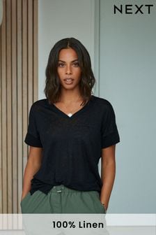 Black Premium 100% Linen V-Neck T-Shirt (C37707) | 23 €