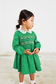 Grün mit geometrischen Muster - Gesmoktes Kleid mit Kragen und Print (3 Monate bis 8 Jahre) (C37713) | 18 € - 23 €