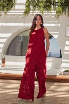 Red Sleeveless Crochet Jumpsuit (C37821) | AED160