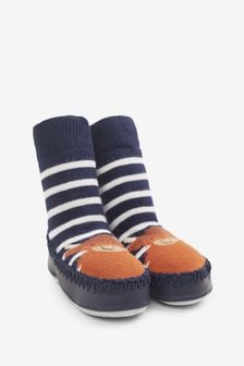 JoJo Maman Bébé Navy Ecru Stripe Stripe Highland Cow Moccasin Slipper Socks (C38249) | €20
