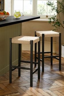 Set of 2 Black Wood Woven Oslo Fixed Height Non Arm Bar Stools (C38281) | €235