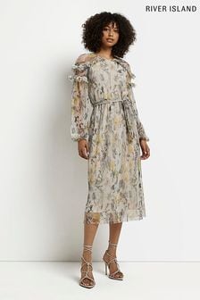 Kremowa plisowana sukienka z siateczki River Island (C38409) | 142 zł