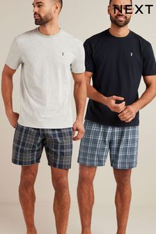 Navy Blue/Grey Check Lightweight Short Pyjama Sets 2 Pack (C38539) | $100