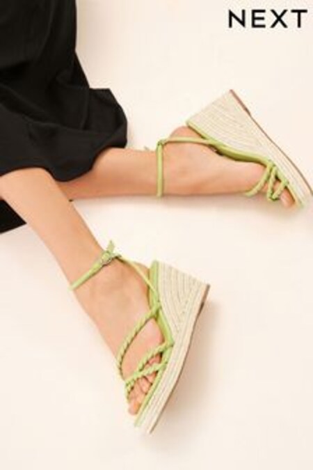 Lime Green Forever Comfort® Twist Strap Detail Square Toe Wedge Sandals (C38740) | 53 €