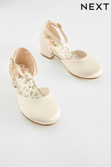 Ivory White Satin Stain Resistant Bridesmaid Occasion Ankle Strap Low Heel Shoes (C38918) | $41 - $52