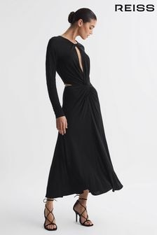 Reiss Black Faye Twist Cut-Out Midi Dress (C38957) | $438