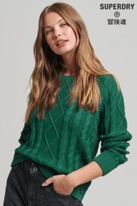 Zelená - Bavlněný pletený svetr s copánkovým vzorem Superdry Vintage (C39134) | 1 755 Kč