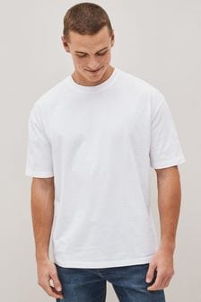 לבן - גזרה רפויה - חולצת טי של בייסיק עם צווארון מעוגל (C39409) | ‏31 ‏₪