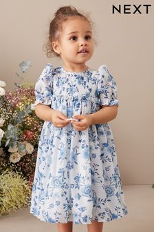 Blau mit floralem Muster - Gesmoktes Party-Kleid aus Organza (3 Monate bis 8 Jahre) (C39416) | 20 € - 24 €