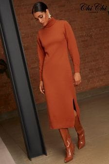 Chi Chi London Orange Oversized Roll Neck Knitted Dress (C39630) | kr753