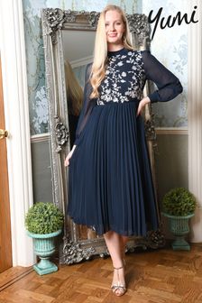 Yumi Blue Long Sleeve Embroidered Midi Dress With Pleats (C40060) | 322 QAR
