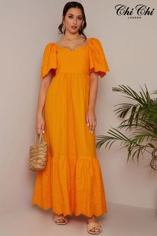 برتقالي - فستان ماكسي بوبلين بكم مطرز من Chi Chi London (C40101) | 37 ر.ع