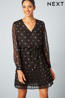 Black Spot Chiffon Tie Waist Mini Dress (C40182) | €58