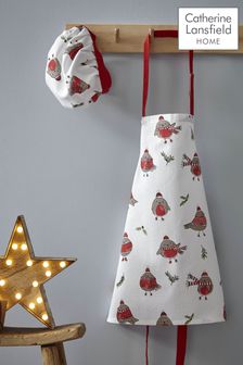 Tablier et toque en coton à motif rouge-gorge Catherine Lansfield Noël enfant (C40345) | 15€