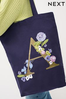Navy Blue Floral Cotton Reusable Monogram Bag For Life (C40477) | $9
