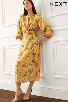 Yellow Floral Satin Wrap Midi Skirt (C40510) | TRY 878