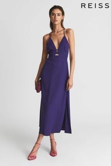 Reiss Purple Ellis Plunge Bodycon Midi Dress (C40584) | OMR141