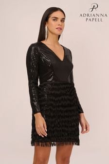Aidan By Adrianna Papell Sequin Fringe Cocktail Black Dress (C40720) | kr4 580