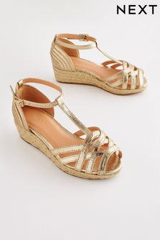 Gold Metallic Woven Wedge Ankle Strap Sandals (C41119) | KRW49,100 - KRW64,000