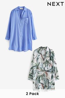 Синий с белым принтом листьев - Набор из 2 пляжных рубашек (C41156) | 30 990 тг