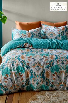 Pineapple Elephant Teal Blue Carnival Animals Cotton Duvet Cover and Pillowcase Set (C41660) | $30 - $58