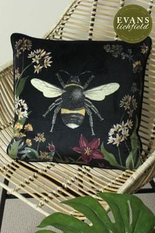 Evans Lichfield Black Multicolour Midnight Garden Bee Piped Velvet Cushion