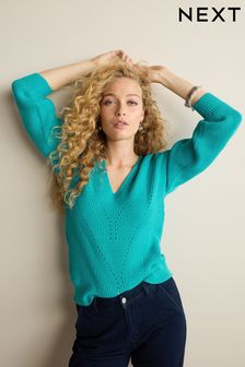 Helderblauwgroen - Next geribbelde trui met V-hals (C42175) | €29