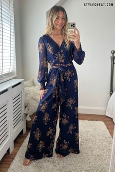 Style Cheat Navy Floral Carly Wide Leg Wrap Jumpsuit (C42220) | €47.50