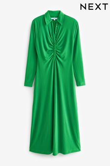 Green Long Sleeve Ruched Front Shirt Midi Dress (C42410) | $45
