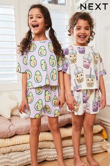 Lilac Purple/Cream Avocado/Bubble Tea Character 2 Pack Short Pyjamas (3-16yrs) (C42605) | LEI 166 - LEI 232