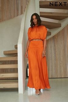 Rochelle Orange Satin Pleated Midi Skirt (C43067) | TRY 1.268