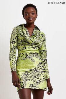 Зеленое атласное платье с воротником-хомутом River Island Blake (C43123) | €28