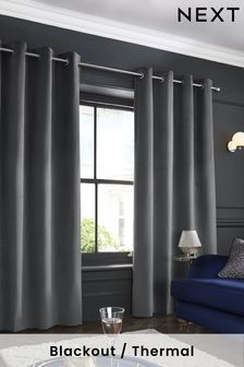 Charcoal Grey Matte Velvet Blackout/Thermal Eyelet Curtains