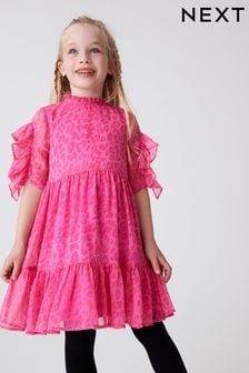 Pink Animal Print Frill Sleeve Ruffle Hem Dress (3-16yrs) (C43220) | €14 - €17