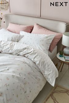 White Floral 100% Cotton Reversible Watercolour Floral & Stripe Bedset and Pillowcase Set (C43364) | €18 - €47