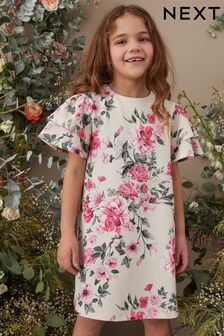 Ivory White/Pink Floral Scuba Occasion Dress (1.5-16yrs) (C43706) | €14 - €20