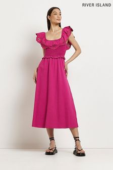 River Island Pink Shirred Broidery Frill Midi Summer Dress (C43908) | 21 €