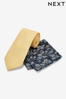 Желтый/темно-синий с цветочным принтом - Стандартный крой - Шелковый галстук и платок для пиджака (C44300) | 10 070 тг