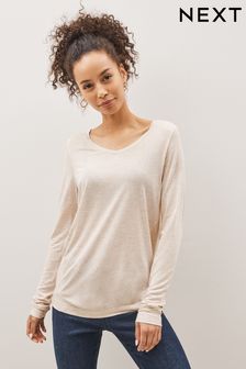 Oatmeal Neutral Marl Slouch V-Neck Long Sleeve T-Shirt (C44337) | €9
