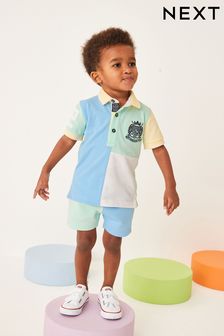 (C44380) | NT$670 - NT$840 藍色／黃色 - 短袖拼色凸紋平織Polo衫和短褲套裝 (3個月至7歲)