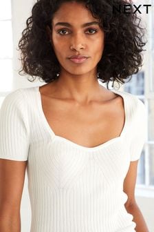 White Ribbed Corset Detail Sweetheart Neck Knit Top (C44520) | €14