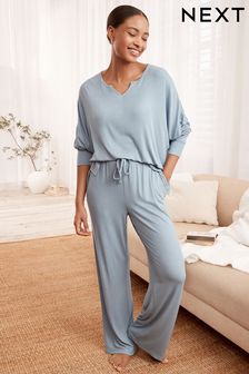 Blue Ribbed Long Sleeve Pyjamas (C44598) | $62