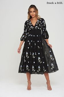 Frock and Frill Black Floral Embroidered Midi Dress (C44881) | 552 zł