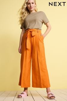 Orange Linen Blend Tie Waist Crop Trousers (C44953) | €19