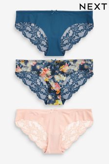 Navy Blue/Floral Print/Light Pink Brazilian No VPL Lace Back Briefs 3 Pack (C45039) | SGD 27