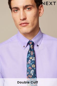 Granatowo-fioletowy w motywy kwiatowe - Dopasowany kroj, podwojny mankiet - Zestaw: koszula na specjalne okazje i krawat (C45739) | 79 zł
