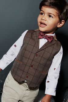 Tan Brown Check Waistcoat, Shirt & Bow Tie Set (3mths-7yrs) (C45822) | €45 - €51