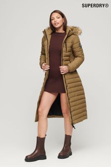 Superdry Brown Faux Fur Hooded Longline Light Padded Puffer Coat (C46057) | 176 €