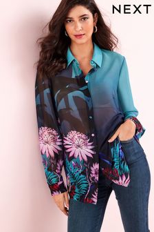 Teal Blue Placement Print Long Sleeve Print Sheer Shirt (C46106) | €20